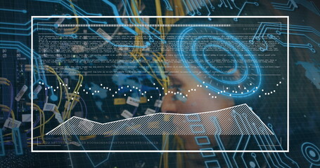 Image of digital screen over computer wires and caucasian woman checking servers