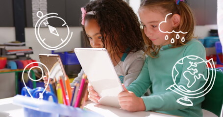Image of school items icons over diverse schoolchildren using tablets