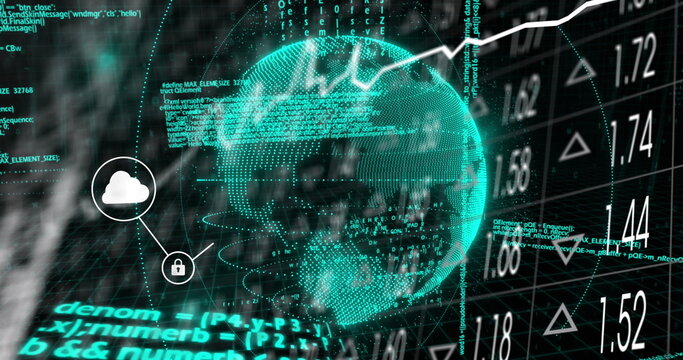 Image of data processing over globe with icons