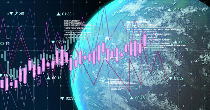 Image of data processing over globe on black background - Powered by Adobe