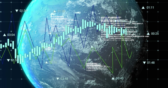 Image of data processing over globe on black background - Powered by Adobe