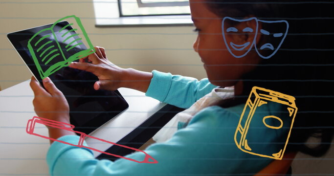 Image of school items icons over african american schoolgirl using tablet - Powered by Adobe