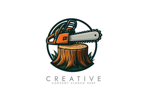 chainsaw logo tool ,Chainsaw and Tree Stump Emblem vector illustration logo design