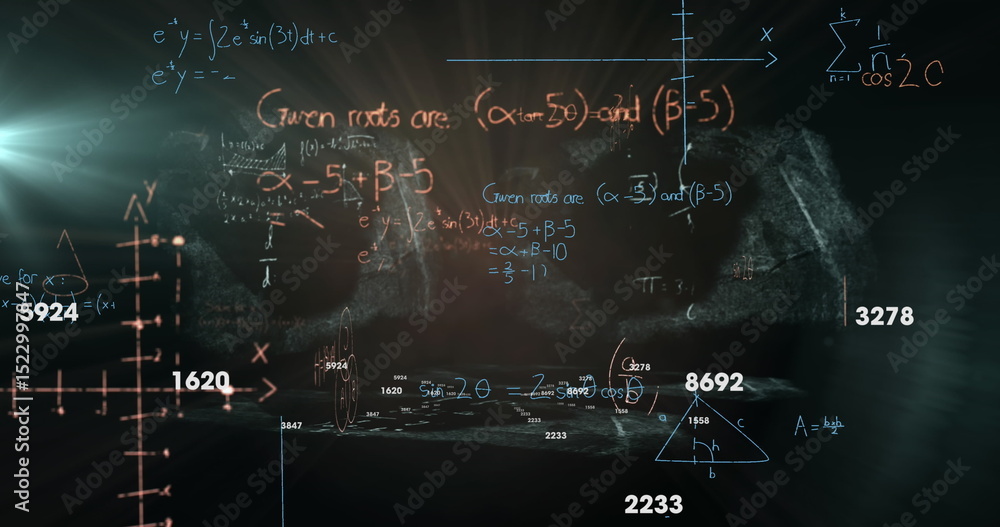 Poster image of mathematical equations and numbers changing over blackboard