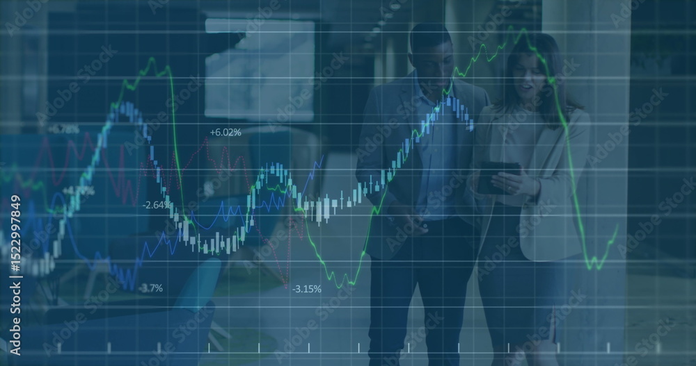 Poster image of graph data moving over multiracial partners discussing with tablet in office lobby