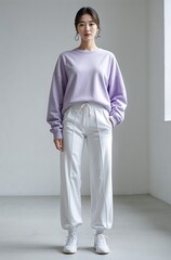 Full body, Korean model, standing front, soft lavender oversized sweatshirt, white tailored track pants (elevated), minimalist white studio, soft diffused light, luxe loungewear.