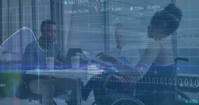 Image of finance data moving against multiracial colleagues discussing in office