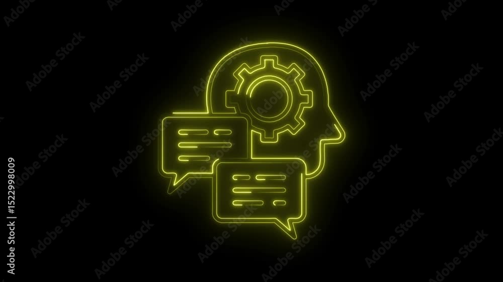 Aufkleber neon ai cog brain with speech bubbles on black background for artificial intelligence concept