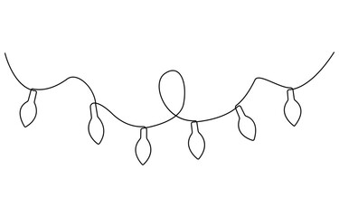 Continuous one line drawing of Christmas garland with light bulbs, Festoon, garland with bulbs drawing with one continuous line. Festive, Christmas garland in simple linear style.