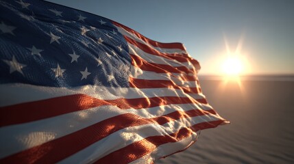 American flag waving on a peaceful beach at sunrise capturing national pride for 4th of july independence day celebrations in the usa