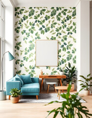 Fototapeta premium Bright white living room featuring lush leafy wallpaper, a vibrant turquoise sofa, fresh greenery, a rustic wooden desk, and a blank wall ready for your poster display, Diffused lighting. White tone