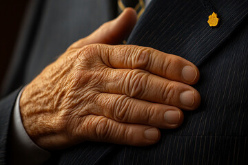 Older Hand Over Heart Wearing Suit with Gold Pin Close Up Detail