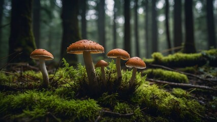 Fototapeta premium Close-up of mushrooms growing on moss in a dark and misty forest