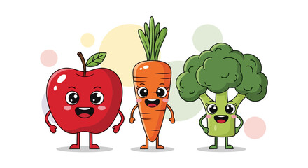 Adorable Cartoon Apple Carrot and Broccoli Characters