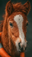 Cute young horse with fluffy mane posing in an artistic setting at a sunny outdoor location