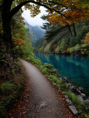 Obraz premium Serene Pathway to Tranquil Lakeside Retreat