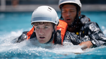 Lifeguard trainees practicing rescue techniques in a pool