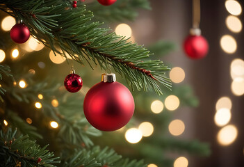 Close up view of christmas tree branch with red ornaments and warm holiday lights.