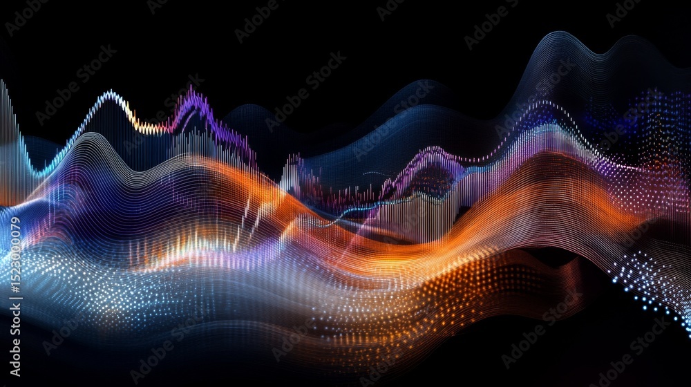 Poster An engaging financial graph with multiple line trends intersecting, representing various business metrics, set against a dark background for a striking visual effect.