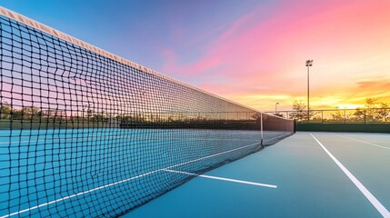 An empty tennis court at sunset, with the net in the foreground and the vibrant sky reflecting on the court's surface, creating a serene atmosphere.