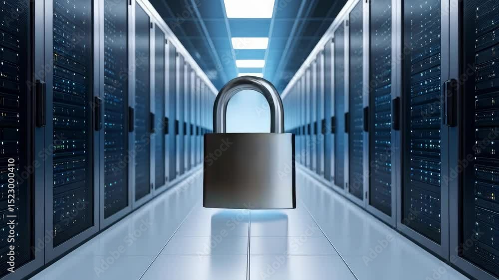 Poster padlock hovering in a data center, symbolizing cyber security and digital protection, against long r