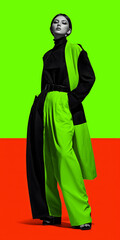 Fototapeta premium Fashion Editorial Vibrant Lime Green and Black Ensemble, a Bold Style Statement