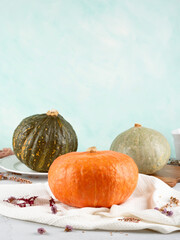 Three vibrant pumpkins stillife on table cloth with dried flowers