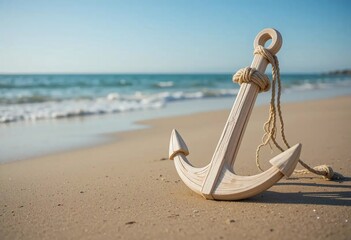 Simple wooden anchor rests on sandy shoreline during a peaceful day by the sea