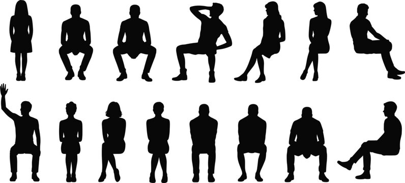 Silhouettes of sitting and standing people, men and women in various poses, black vector illustration