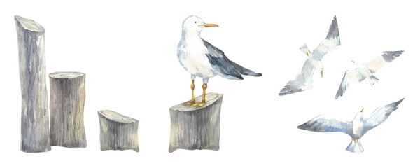 Marine watercolor illustration. Watercolor flying seagulls and weathered wooden pillars standing by the sea in pastel colors. Marine coastal decor, marine theme. Isolated Hand-drawn illustration © Mila