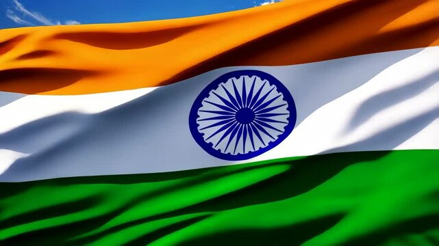 Waving flag with orange, white and green bands, and blue Chakra against a skyline with mountains at golden hour, symbol of independence.