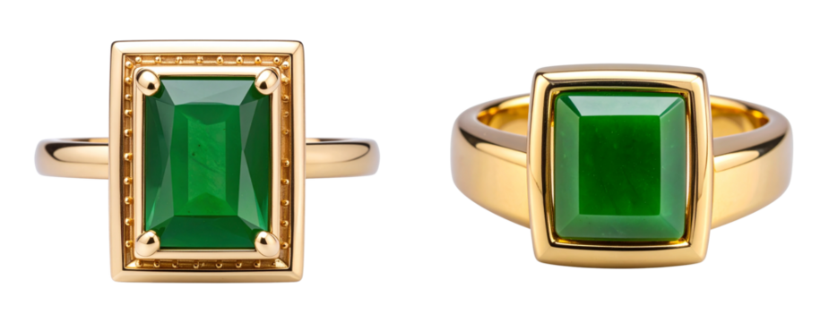  Gold ring with rectangular green jade gemstone isolated on transparent background PNG