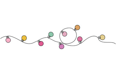 Continuous one line drawing of Christmas garland with light bulbs, Festoon, garland with bulbs drawing with one continuous line. Festive, Christmas garland in simple linear style.