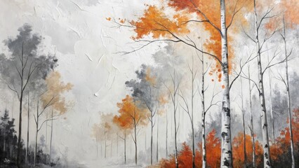 Autumn birch forest misty morning landscape painting