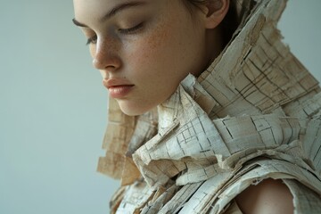 Stylish female model wearing an intricate recycled-fabric dress poses thoughtfully in an abandoned urban space, combining fashion with environmental storytelling.