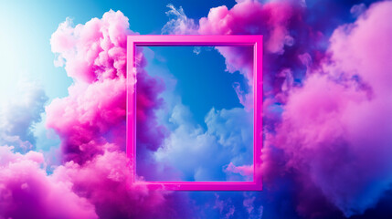 Pink frame floating in colorful pink and blue clouds.