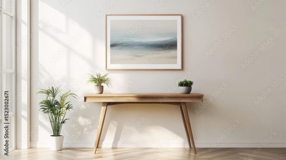 Poster a clean and simple entryway with minimalist decor, including a sleek console table, a small potted p