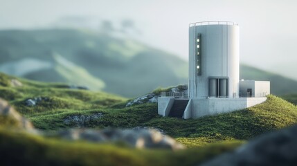 A futuristic small modular reactor (SMR) installation site, clean minimalistic design, studio lighting emphasizing reactor housing, blurred green landscape