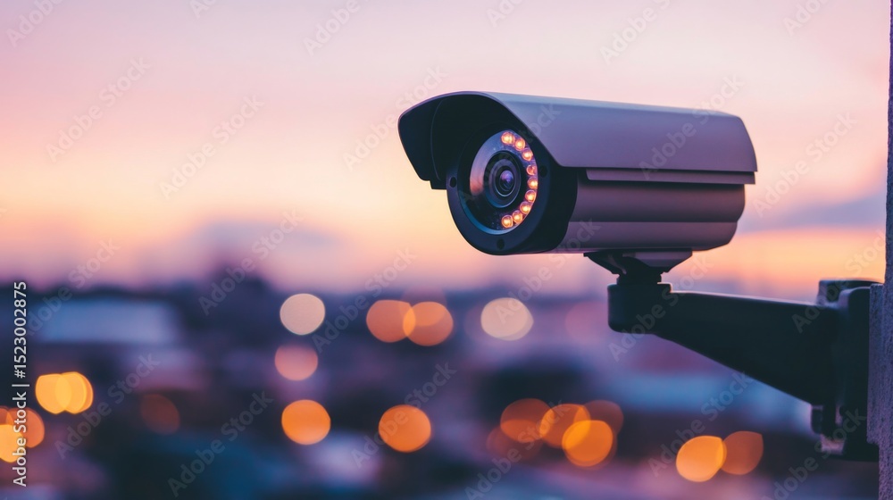 Poster a close-up of a bullet-style cctv camera mounted on a building, with a blurred background of the cit