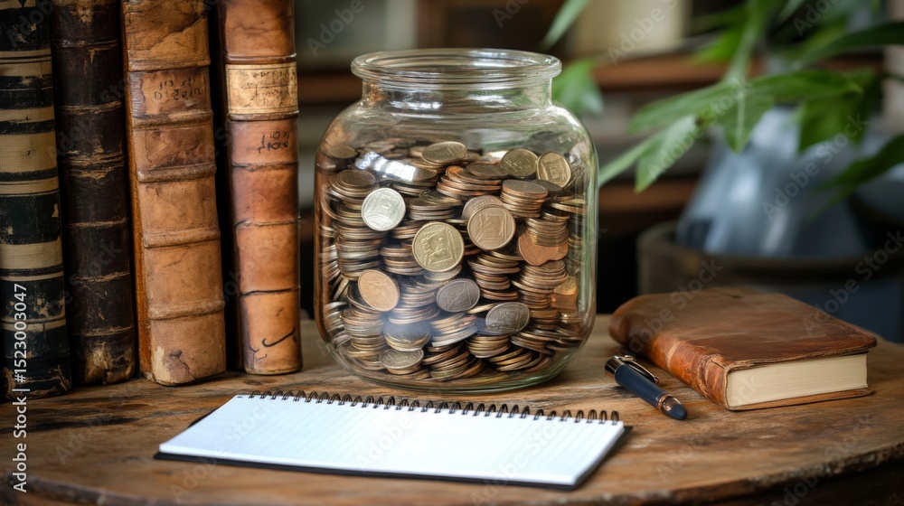 Poster a close-up of a clear glass jar filled with coins, placed on a wooden table with a notepad and a pen