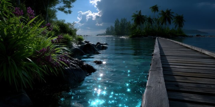 Calm waters reflect a stormy sky near a wooden pier at dusk in a tropical paradise setting