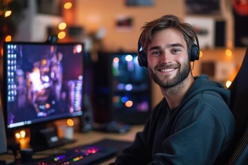 Cheerful gamer streaming live from his home studio, wearing headphones and illuminated by the warm glow of monitors and RGB peripherals, highlighting esports and content creation trends.