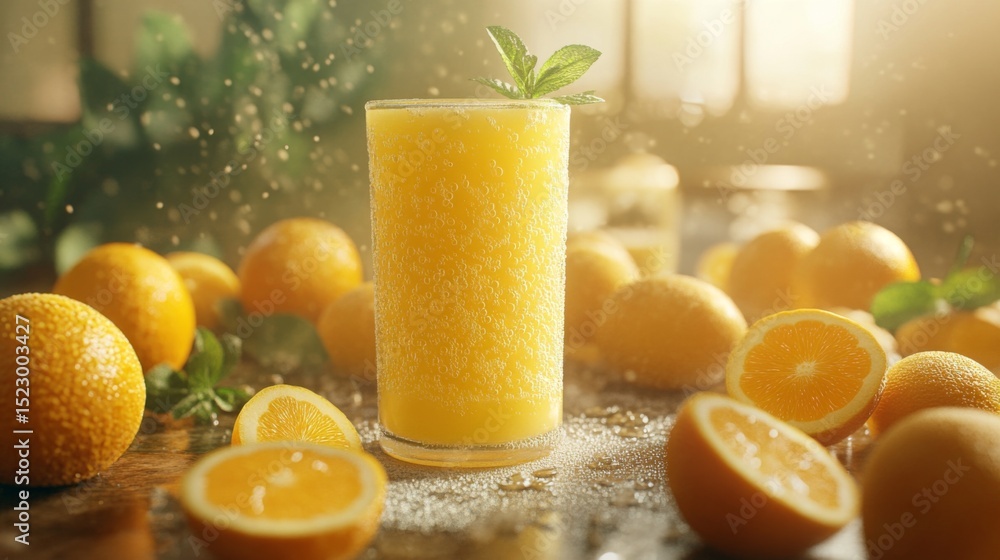 Poster a close-up of a glass of freshly squeezed orange juice, glistening in the sunlight, surrounded by ha