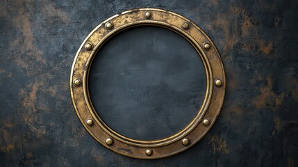 A vintage brass porthole frame with rivets evenly spaced around its circular border