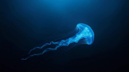 Blue glowing jellyfish with trailing tentacles swimming gracefully in deep ocean, illuminated in ethereal underwater light
- Powered by Adobe