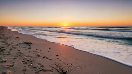 Tranquil beach at sunrise with gentle waves and golden sky, footprints and shells scattered on the sand reflecting early morning light

 - Powered by Adobe