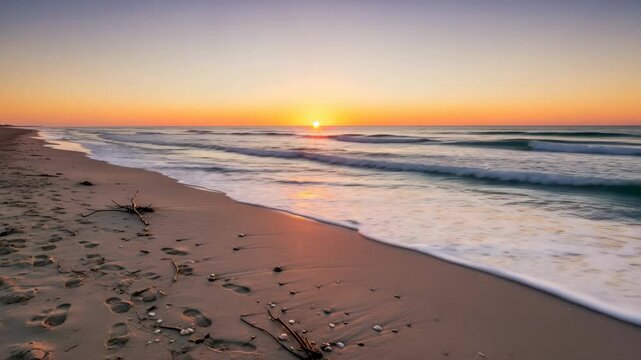Tranquil beach at sunrise with gentle waves and golden sky, footprints and shells scattered on the sand reflecting early morning light

