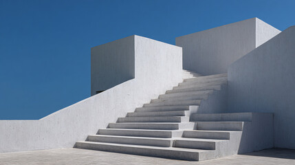 A minimalist white staircase against a clear blue sky with geometric shapes and clean lines design