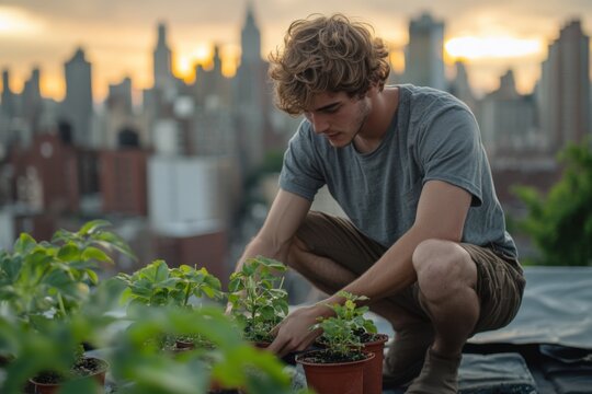 Male urban farmer smiling while working in his rooftop vegetable patch, emphasizing community gardening, climate-conscious habits, and city greening.