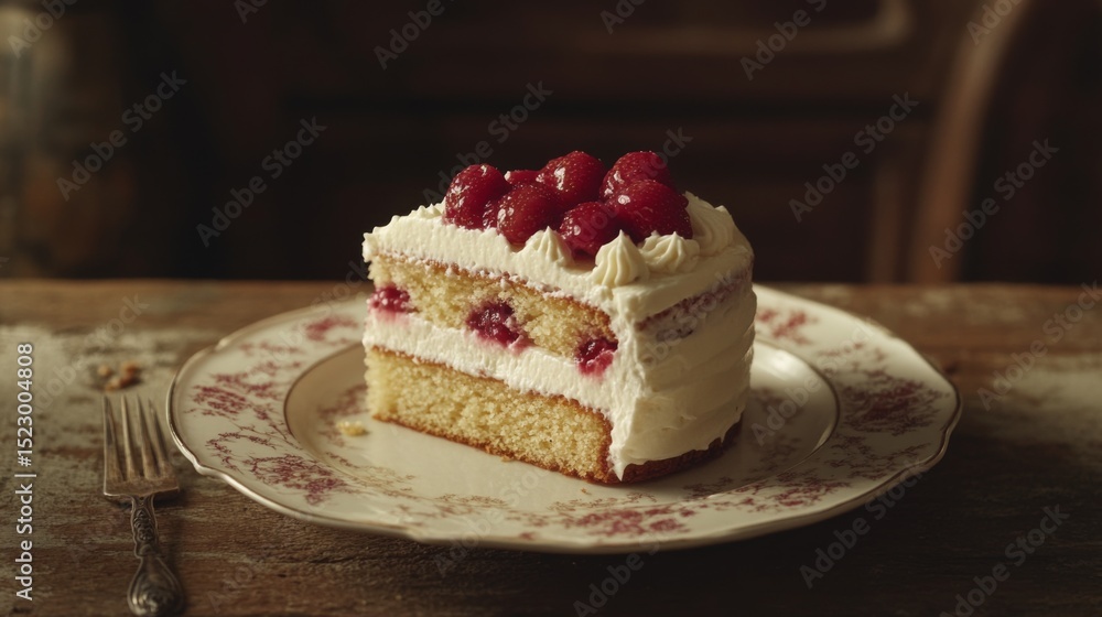 Poster a close-up shot of a slice of vanilla cake layered with cream and strawberries, revealing its moist 